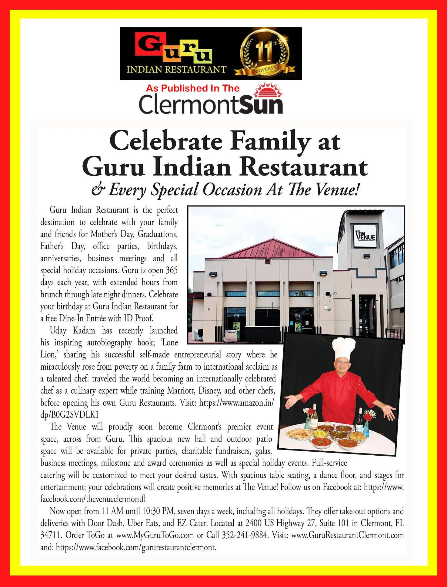 Guru Indian Restaurant Clermont Sun Full Page Advertorial
